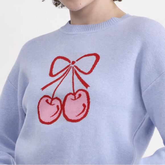 ๐ 3/$10 ๐ No Boundaries Cherry Design Sweater Light Blue Red Size Small - Picture 10 of 13